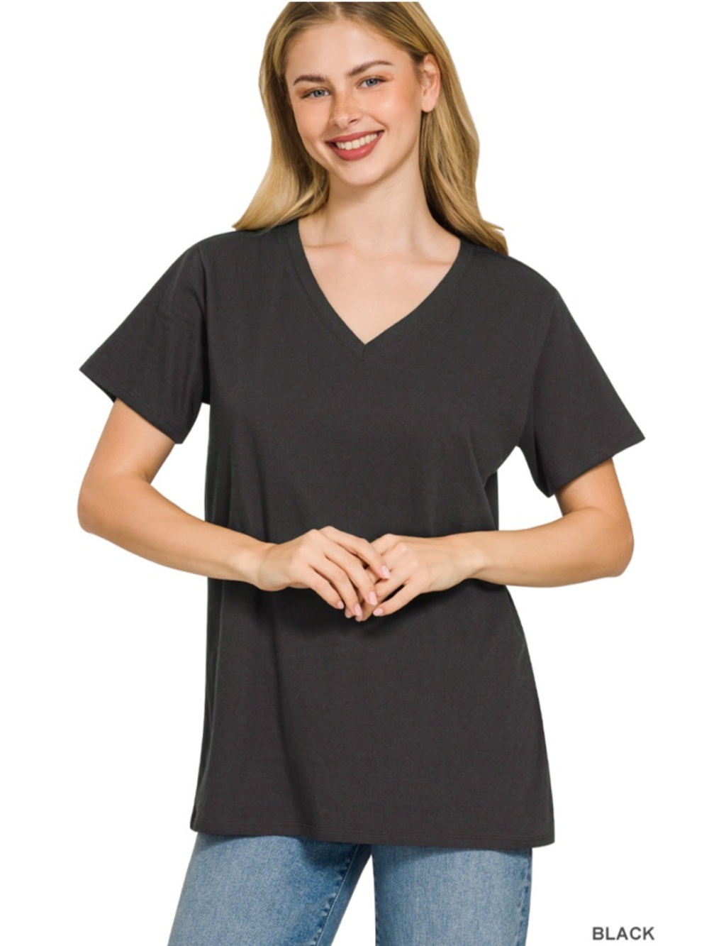 Zenana Cotton Black V Neck Short Sleeve Tee Top